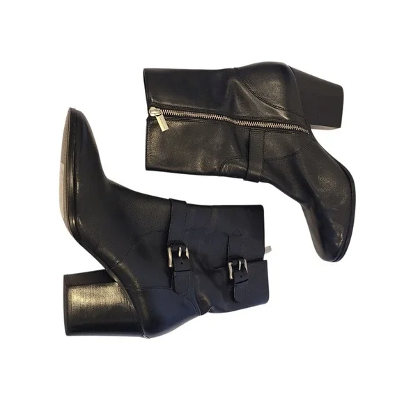 Michael Kors Black Leather 2 Buckle Mid Calf Boots Size 11 Block‎ Heel Moto - Picture 5 of 9